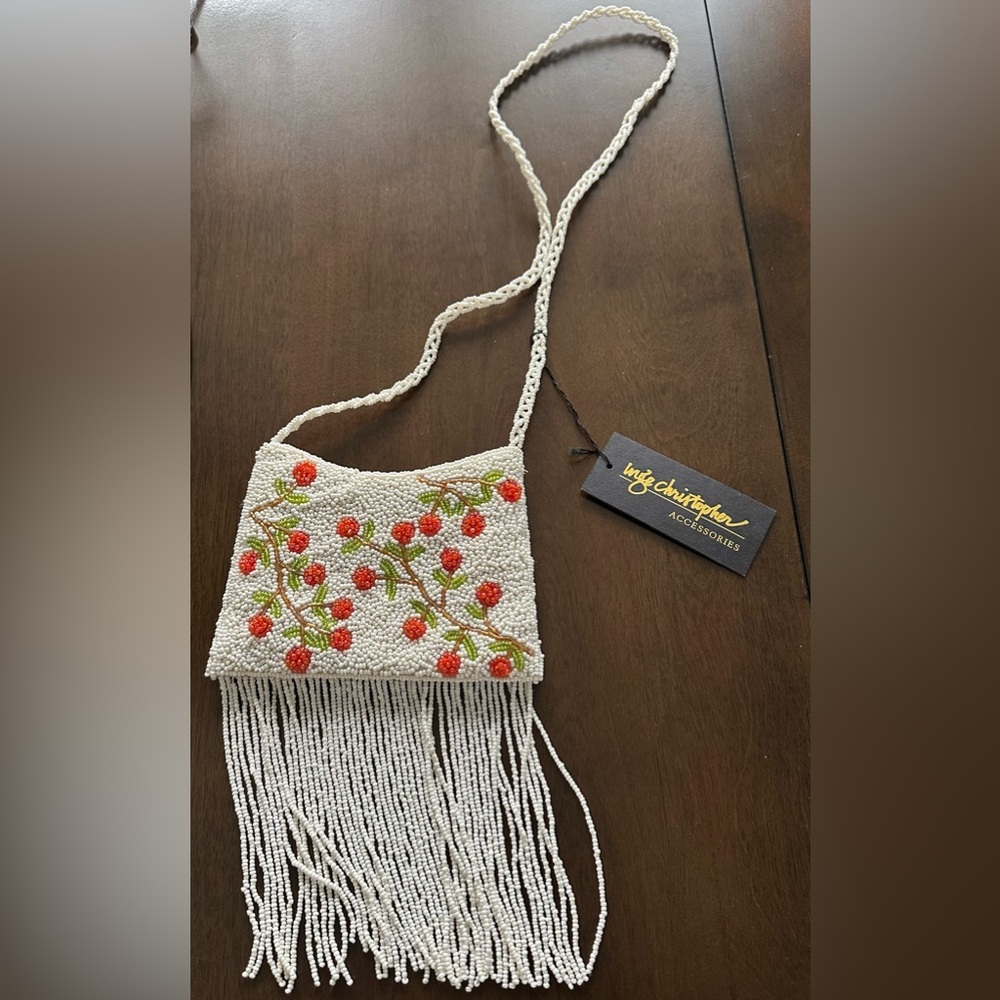 INGE CHRISTOPHER evening-mini bag clutch tuck chain white beaded with fringe…